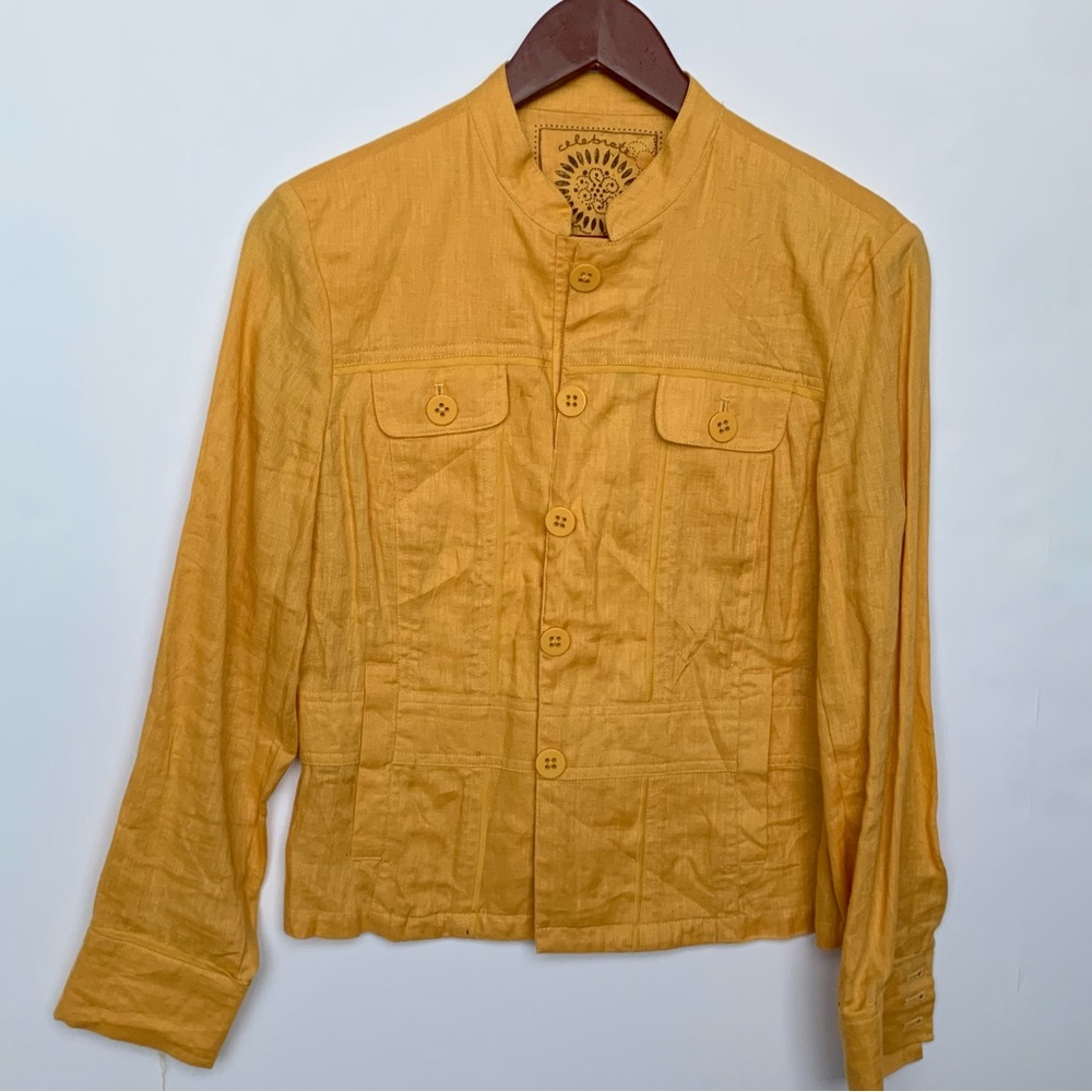 WOMENS COLDWATER CREEK LINEN BUTTON UP TOP SIZE 6P MUSTARD YELLOW TOP
